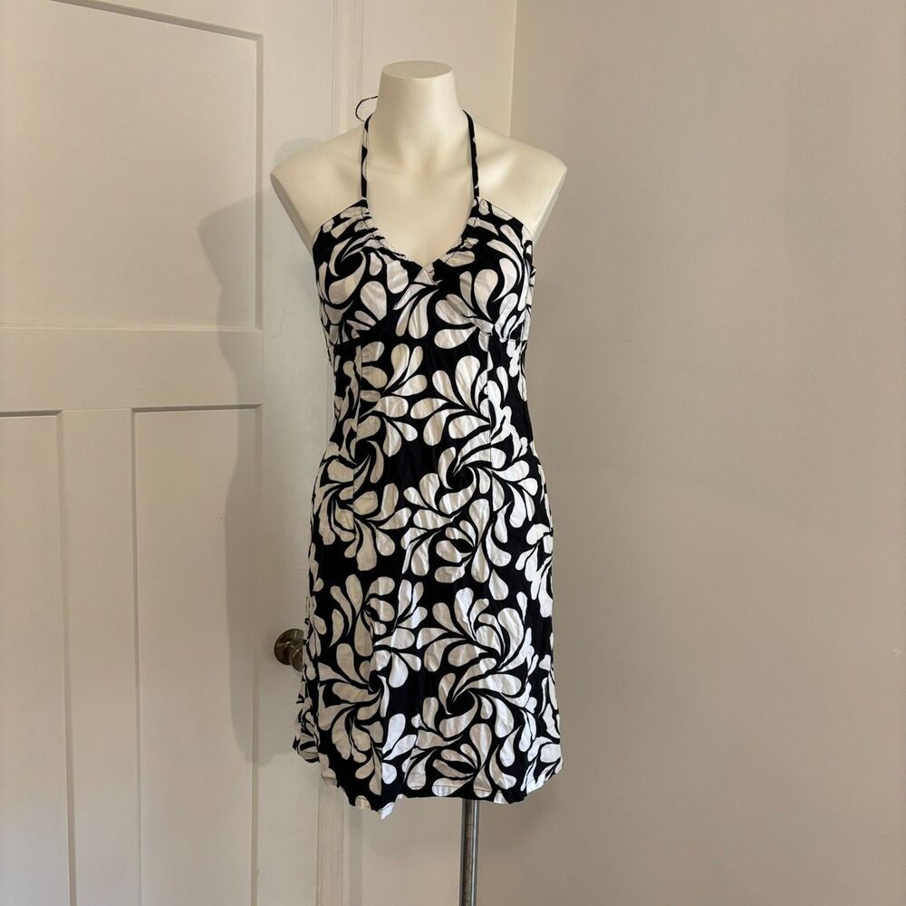 H&M 90s Style size 8 Black and White Abstract Floral Print Tie Halter Mini Dress